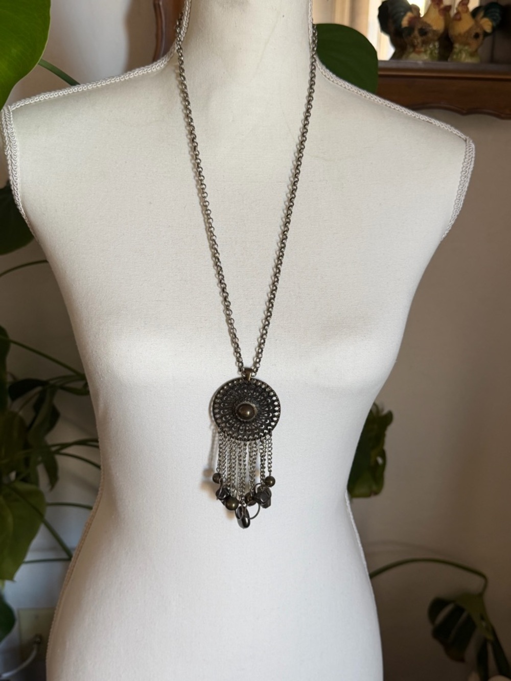 Vintage Copper Round Medallion Fringe Boho Necklace
